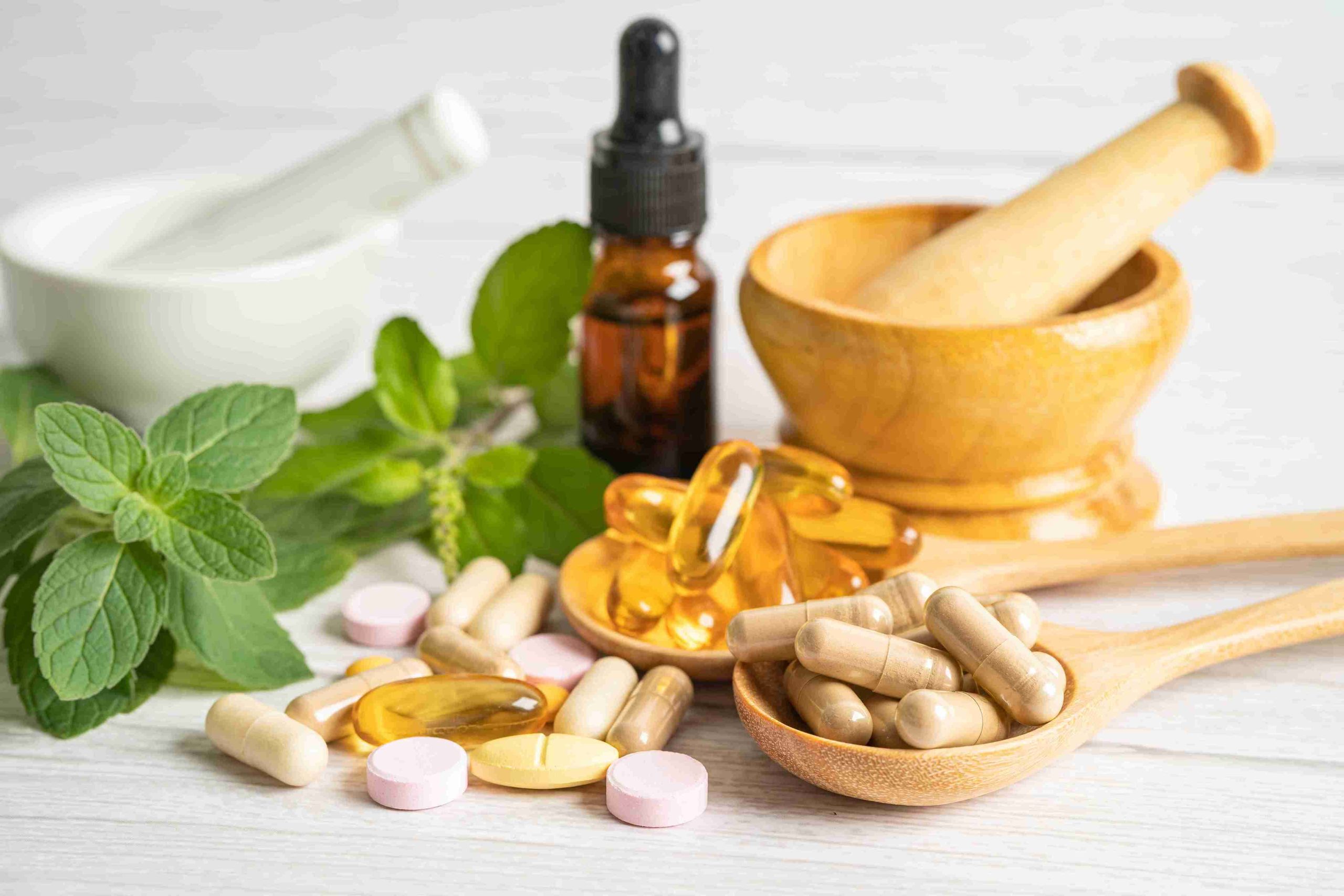 Image of herbal supplements and essential oils.