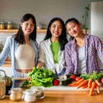 Three young women smiling and preparing fresh vegetables.